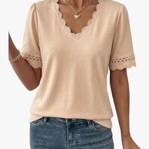 Scalloped V-Neck Short Sleeve Top in Beige
